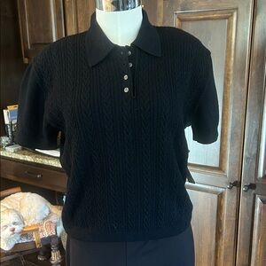 Vintage Evan Picone Sz L Black Merino Cable Knit Short Sleeve Polo Shirt NWT
